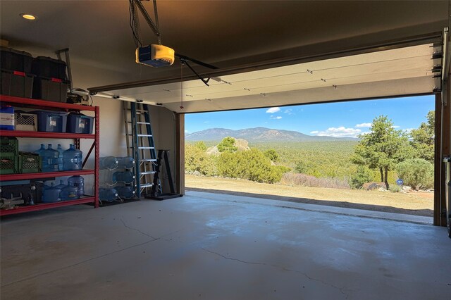 garage with a mountain view and a garage door opener
