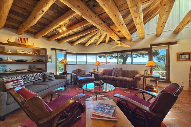 living area with beamed ceiling, ceiling fan, and wood ceiling