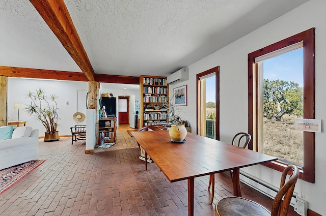 dining space with a textured ceiling, a baseboard radiator, brick floor, and a wall mounted air conditioner