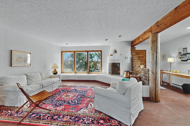 living room featuring a textured ceiling, beam ceiling, brick floor, and a baseboard radiator