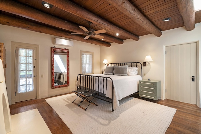 bedroom with beam ceiling, dark wood-type flooring, wood ceiling, a wall mounted AC, and a ceiling fan