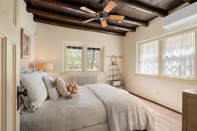 bedroom featuring beam ceiling, wooden ceiling, baseboards, an AC wall unit, and radiator heating unit