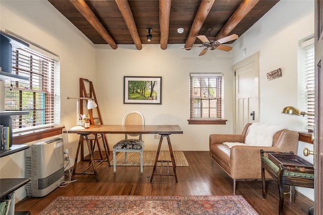 office space featuring wooden ceiling, a ceiling fan, beam ceiling, and wood finished floors