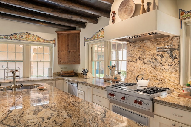 kitchen featuring appliances with stainless steel finishes, light stone counters, a sink, ventilation hood, and backsplash