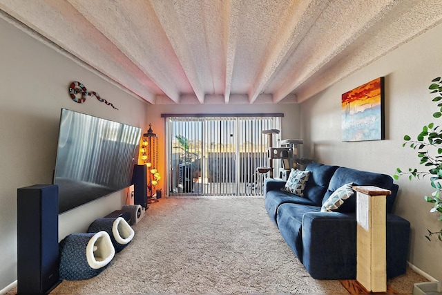 carpeted living room with a textured ceiling