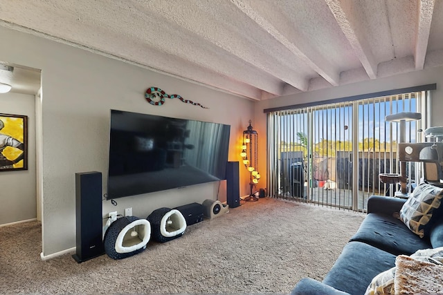 living room with beamed ceiling, a textured ceiling, baseboards, and carpet