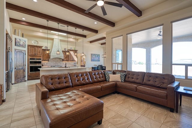 3415 Ramadan Ct NE, Rio Rancho, NM 87144 - living area featuring light tile patterned floors, ceiling fan, recessed lighting, and beam ceiling