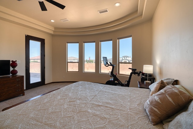 3415 Ramadan Ct NE, Rio Rancho, NM 87144 - bedroom featuring visible vents, a raised ceiling, access to outside, carpet flooring, and recessed lighting