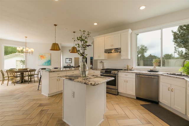 kitchen with a peninsula, a sink, white cabinetry, under cabinet range hood, and appliances with stainless steel finishes