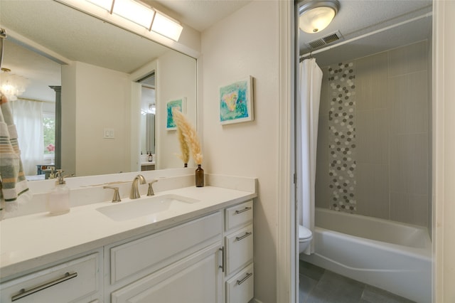 full bathroom featuring toilet, visible vents, shower / bath combination with curtain, tile patterned flooring, and vanity
