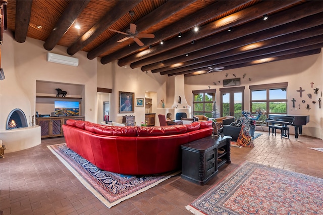 living room with wooden ceiling, ceiling fan, an AC wall unit, and brick floor