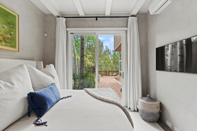 161 S Armijo Ln, Santa Fe, NM 87501 - bedroom featuring access to exterior, beam ceiling, and a wall unit AC