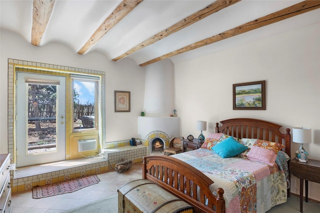 1 Azul Pl, Santa Fe, NM 87508 - tiled bedroom with beam ceiling, a wall mounted AC, and access to outside