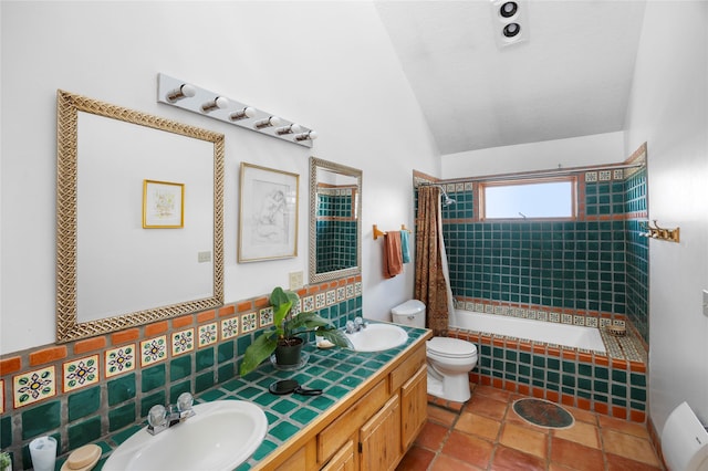 1 Azul Pl, Santa Fe, NM 87508 - bathroom with toilet, double vanity, vaulted ceiling, tiled shower / bath combo, and tasteful backsplash