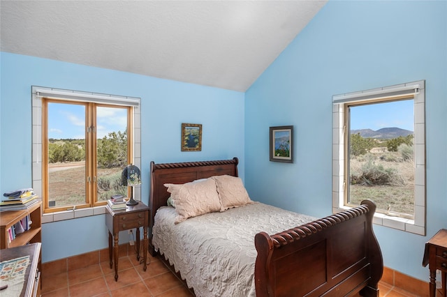 1 Azul Pl, Santa Fe, NM 87508 - tiled bedroom featuring vaulted ceiling, multiple windows, and baseboards