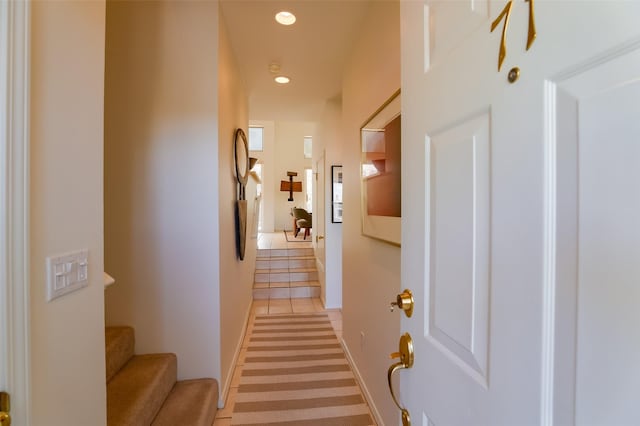 663 Bishops Lodge Rd Unit 71, Santa Fe, NM 87501 - hall featuring recessed lighting, stairs, light colored carpet, and light tile patterned flooring