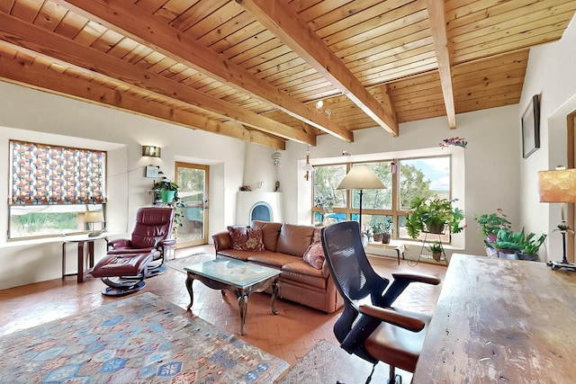 25A Lime Kiln Rd, Lamy, NM 87540 - living area featuring plenty of natural light, beamed ceiling, and wood ceiling