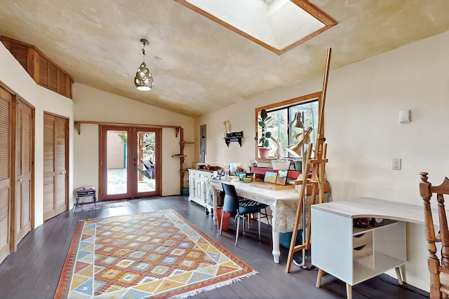25A Lime Kiln Rd, Lamy, NM 87540 - office area with french doors, lofted ceiling, and dark wood finished floors
