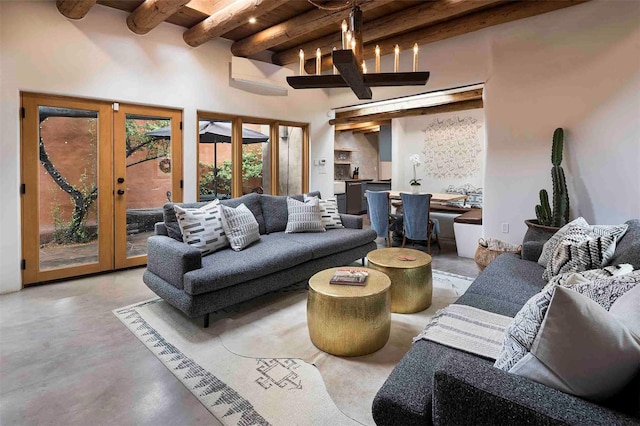 942 Canyon Unit A & B, Santa Fe, NM 87501 - living area featuring french doors, finished concrete flooring, and wood ceiling with exposed beams