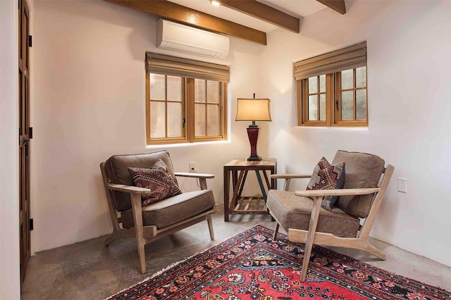 942 Canyon Unit A & B, Santa Fe, NM 87501 - living area with a wall mounted air conditioner and beamed ceiling