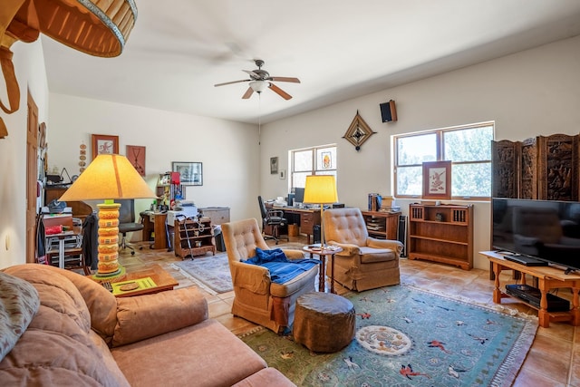 24 Camino Caballos Spur, Lamy, NM 87540 - living area featuring a ceiling fan, tile patterned flooring, and an office area