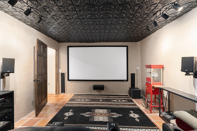 100 Rancho Alegre, Santa Fe, NM 87508 - tiled home theater featuring an ornate ceiling and beverage cooler