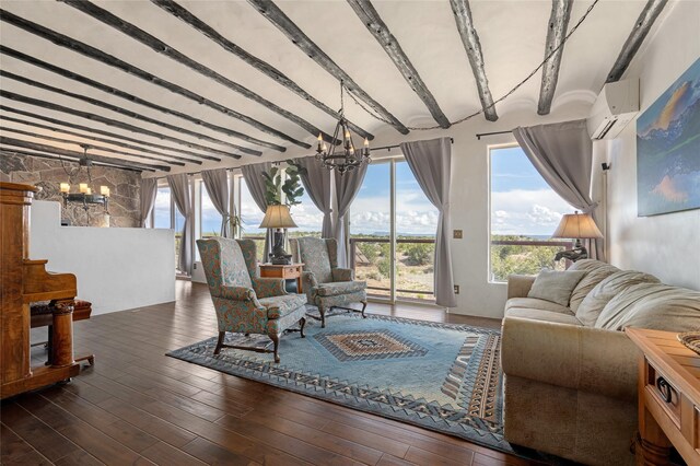 100 Rancho Alegre, Santa Fe, NM 87508 - living area with a chandelier, an AC wall unit, beamed ceiling, and plenty of natural light