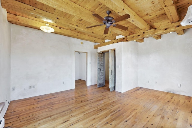 5 Camino Sin Ganas, Santa Fe, NM 87506 - unfurnished room with hardwood / wood-style flooring, wood ceiling, beamed ceiling, and a ceiling fan