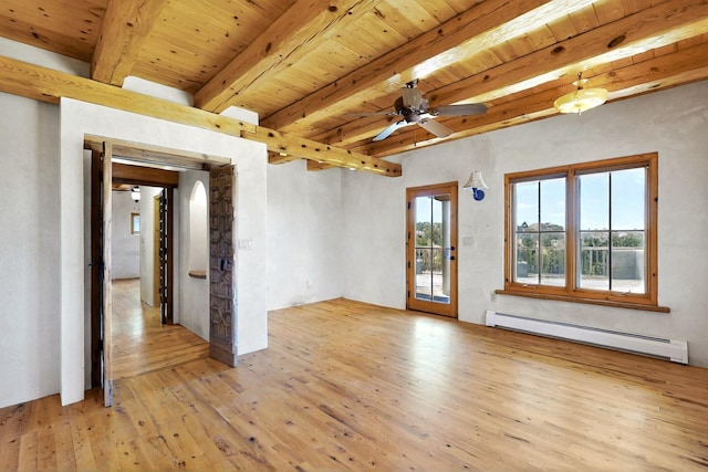 5 Camino Sin Ganas, Santa Fe, NM 87506 - empty room with a baseboard radiator, light wood finished floors, beam ceiling, wooden ceiling, and a ceiling fan