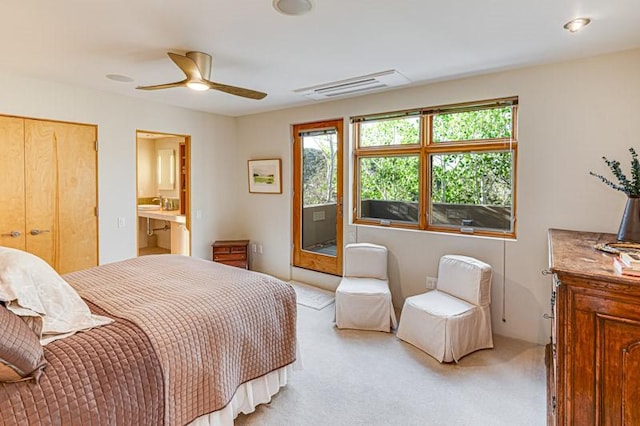 bedroom featuring light carpet, a ceiling fan, and access to exterior