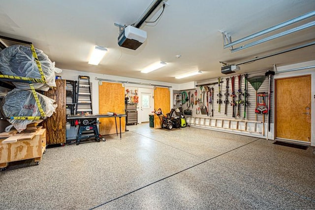garage with a garage door opener and a workshop area