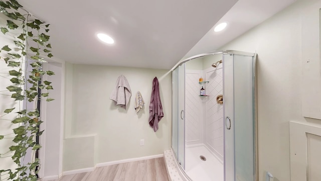 2935 Arizona, Los Alamos, NM 87544 - bathroom with a shower stall, wood finished floors, recessed lighting, and baseboards