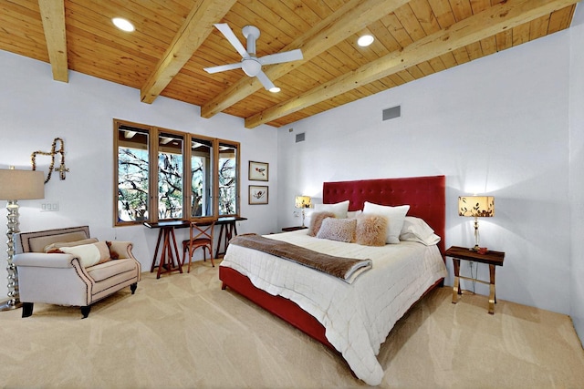 36 Green Meadow Loop, Santa Fe, NM 87506 - carpeted bedroom featuring wood ceiling with exposed beams, recessed lighting, and ceiling fan