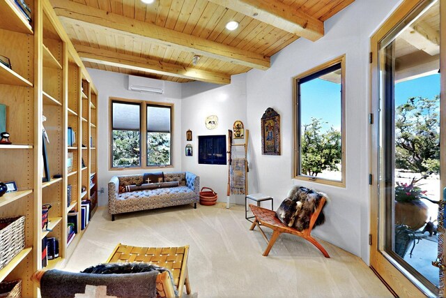 36 Green Meadow Loop, Santa Fe, NM 87506 - bedroom with wood ceiling with exposed beams, carpet, recessed lighting, and a ceiling fan