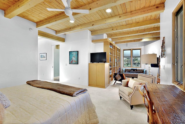 bedroom featuring wood ceiling, carpet, beam ceiling, and a wall mounted air conditioner