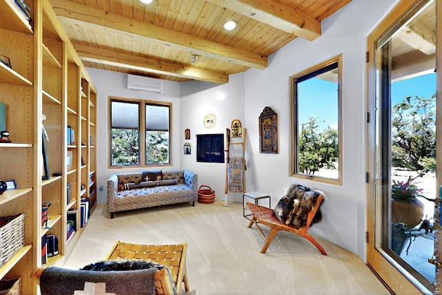 living area with a wall unit AC, wood ceiling, beam ceiling, carpet flooring, and plenty of natural light