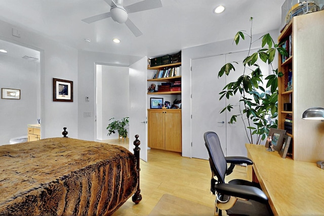 36 Green Meadow Loop, Santa Fe, NM 87506 - bedroom with light wood-type flooring, a desk, recessed lighting, and a ceiling fan