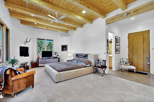 bedroom featuring wooden ceiling, beamed ceiling, an AC wall unit, recessed lighting, and ensuite bath