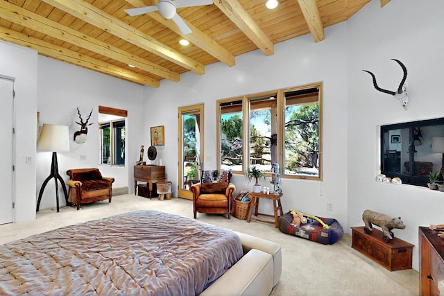 bedroom featuring wooden ceiling, carpet, multiple windows, beam ceiling, and recessed lighting