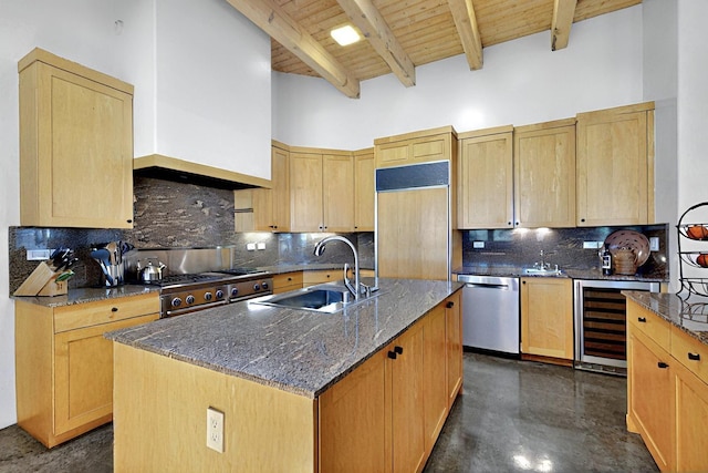 36 Green Meadow Loop, Santa Fe, NM 87506 - kitchen with dishwasher, wine cooler, range, paneled built in refrigerator, and dark stone counters