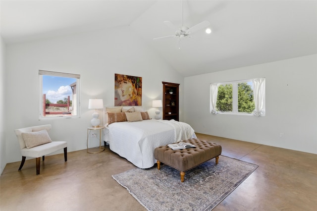 34 Ranch Rd, Lamy, NM 87540 - bedroom with concrete flooring, high vaulted ceiling, and a ceiling fan
