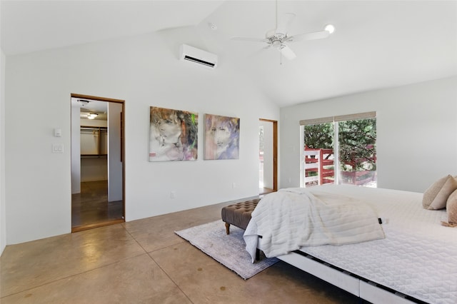 34 Ranch Rd, Lamy, NM 87540 - bedroom with an AC wall unit, high vaulted ceiling, concrete flooring, a spacious closet, and ceiling fan