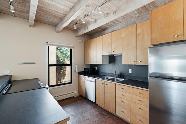 928 Los Lovatos Rd, Santa Fe, NM 87501 - kitchen featuring appliances with stainless steel finishes, light brown cabinets, a sink, a baseboard radiator, and wooden ceiling