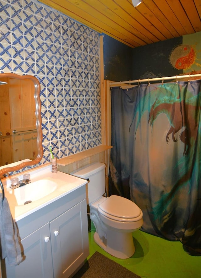 13 Los Amigos, Espanola, NM 87532 - full bath featuring wooden ceiling, vanity, toilet, and curtained shower