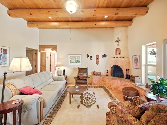 54 Encantado Loop, Santa Fe, NM 87508 - living area with wood ceiling with exposed beams, a towering ceiling, a tile fireplace, and recessed lighting