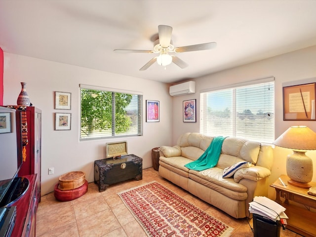 54 Encantado Loop, Santa Fe, NM 87508 - living room with a wall mounted AC, light tile patterned floors, and ceiling fan