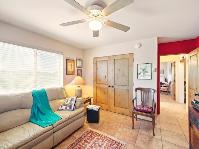 54 Encantado Loop, Santa Fe, NM 87508 - living area with a ceiling fan and light tile patterned floors