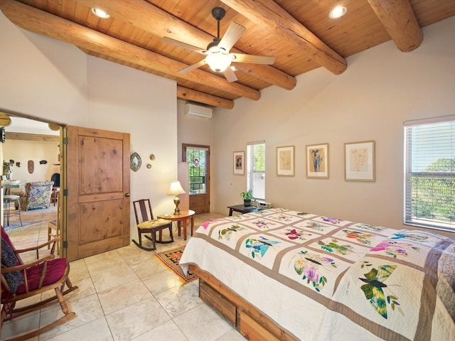 54 Encantado Loop, Santa Fe, NM 87508 - bedroom with wooden ceiling with exposed beams, a wall unit AC, light tile patterned floors, and recessed lighting