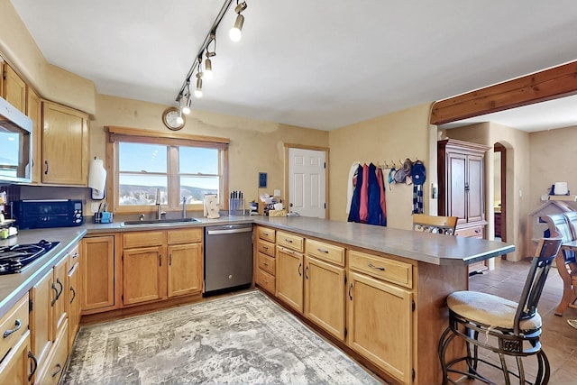 26 Apache Creek Rd, Santa Fe, NM 87505 - kitchen with stainless steel dishwasher, a sink, a peninsula, a kitchen breakfast bar, and arched walkways