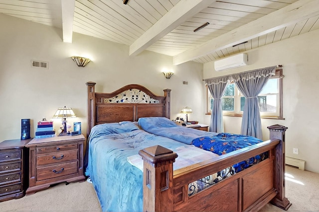 26 Apache Creek Rd, Santa Fe, NM 87505 - bedroom with light carpet, a wall mounted air conditioner, a baseboard heating unit, beam ceiling, and wooden ceiling